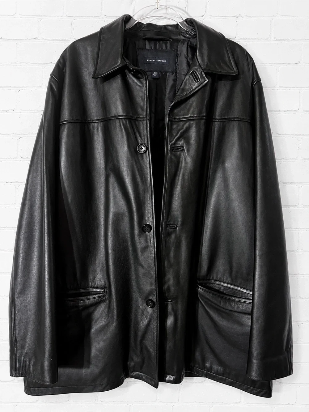 Vintage Banana Republic Men’s Black Genuine Leather Car Coat XL Y2K